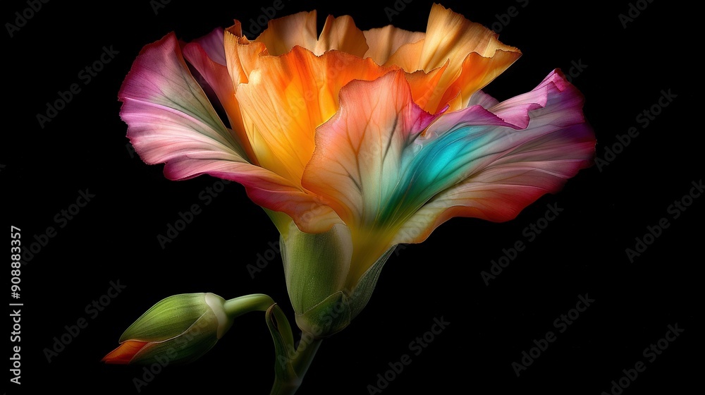   A colorful blossom atop a dark canvas with a lush mid-stem in its heart