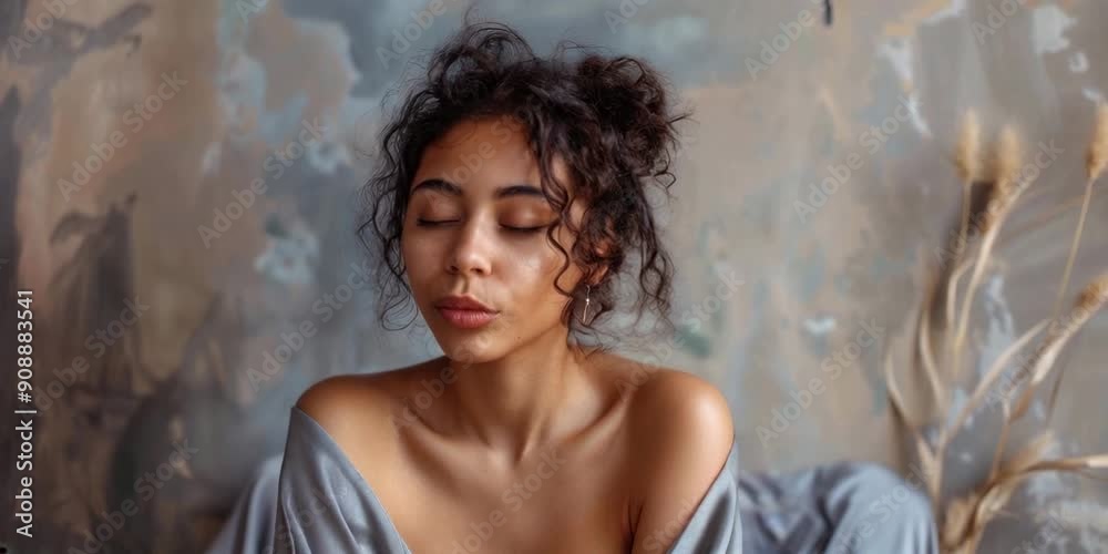 Woman with curly hair in a white top, posing against a light background. Woman with curly hair in a white top, posing against a light background.