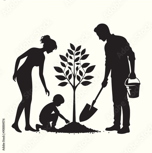 family planting a tree Silhouette Vector Illustration