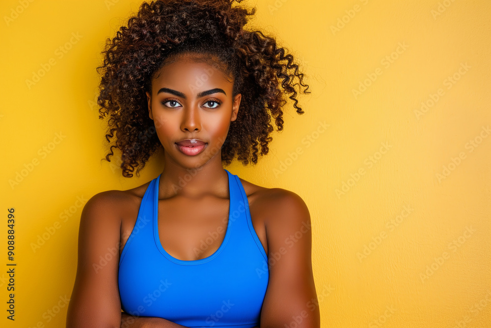 Energetic young African woman with curly hair in a blue sports bra stands confidently on a yellow backdrop, ideal for sport fitness promotions with plenty of copy space. Energetic young African woman with curly hair in a blue sports bra stands confidently on a yellow backdrop, ideal for sport fitness promotions with plenty of copy space.