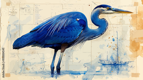 Educational and scientific handsketched poster of a variety of blue herons Taxidermy