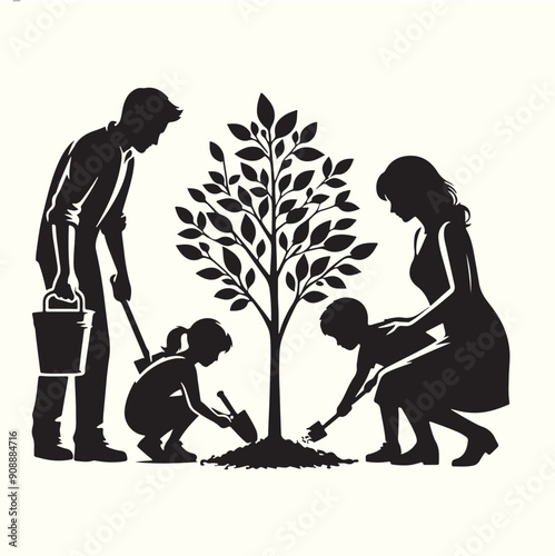 family planting a tree Silhouette Vector Illustration
