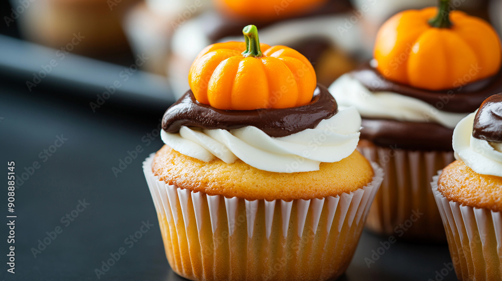 Delicious cupcakes with whipped cream and decorated with orange pumpkin toppers for Halloween. Delicious cupcakes with whipped cream and decorated with orange pumpkin toppers for Halloween.