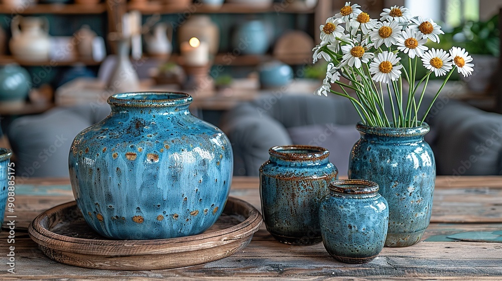 A set of vases perched atop a wooden table, alongside a vase brimming with white daisies A set of vases perched atop a wooden table, alongside a vase brimming with white daisies