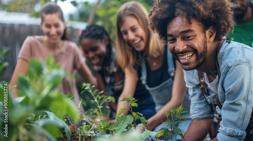 Group of young people happily gardening together outdoors. The diverse group smiles as they engage in community and environmental activities. 