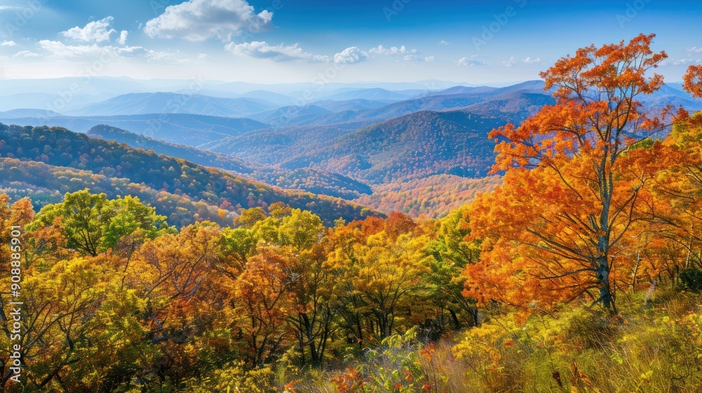 Overlooking Vast Mountain Ranges Amidst Autumn Foliage. Overlooking Vast Mountain Ranges Amidst Autumn Foliage.