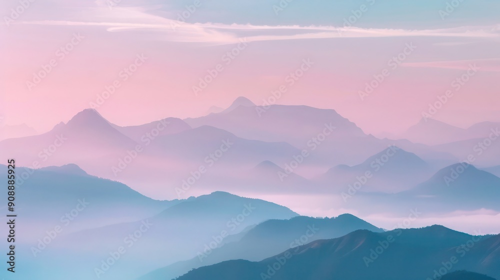 Fototapeta premium Misty mountain peaks rise into a pastel-colored sky at dawn, creating a serene and mystical landscape. The soft hues and foggy atmosphere evoke a sense of peace and wonder. 
