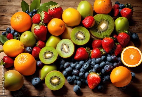 vibrant colorful assortment fresh fruits arranged aesthetically rustic natural wood surface, apple, banana, orange, berry, grape, kiwi, mango, peach