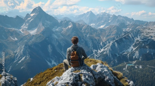 Solo Traveler Seated on a Mountain Overlook, Embracing the Alpine Panorama. 