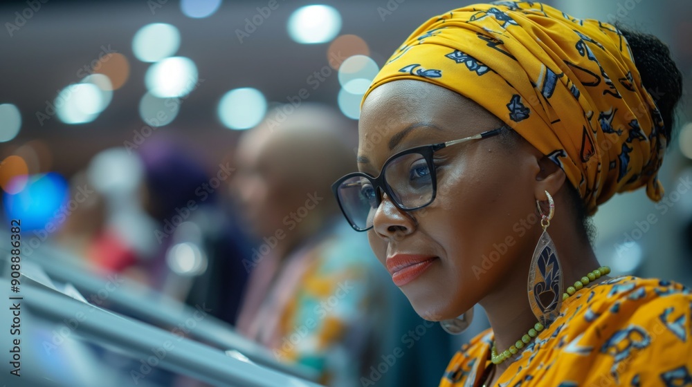 A person in glasses and a yellow patterned headscarf focuses intently, showcasing fashionable accessories. A person in glasses and a yellow patterned headscarf focuses intently, showcasing fashionable accessories.