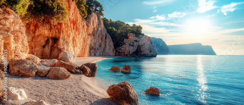Fototapeta Naklejka Na Ścianę i Meble -  A beautiful beach with a rocky shoreline and a clear blue ocean