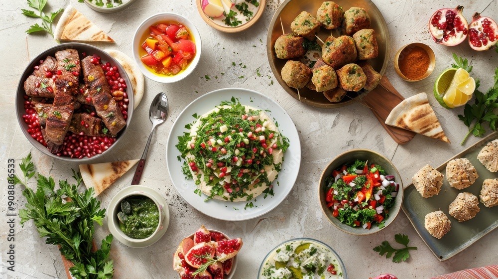 A vibrant assortment of Middle Eastern dishes garnished with fresh herbs and fruits A vibrant assortment of Middle Eastern dishes garnished with fresh herbs and fruits
