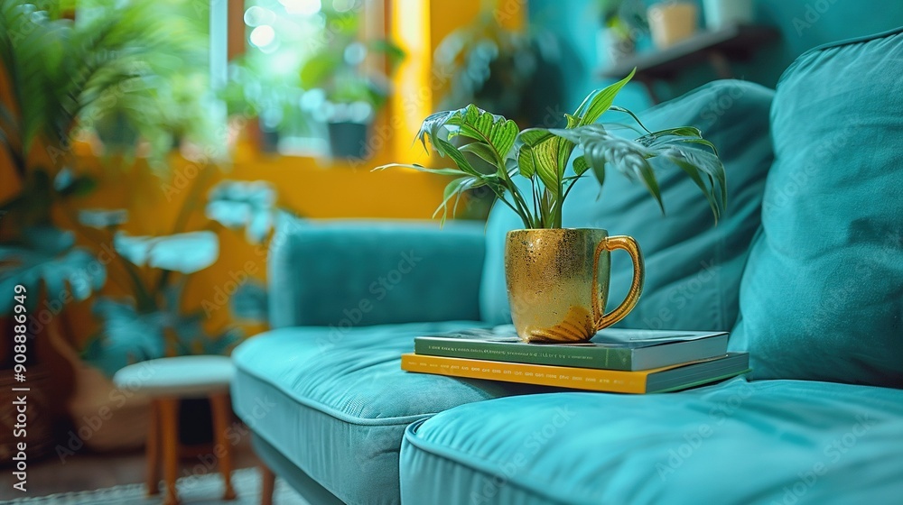 A coffee cup resting atop stacks of books positioned on a blue couch within a cozy living space A coffee cup resting atop stacks of books positioned on a blue couch within a cozy living space