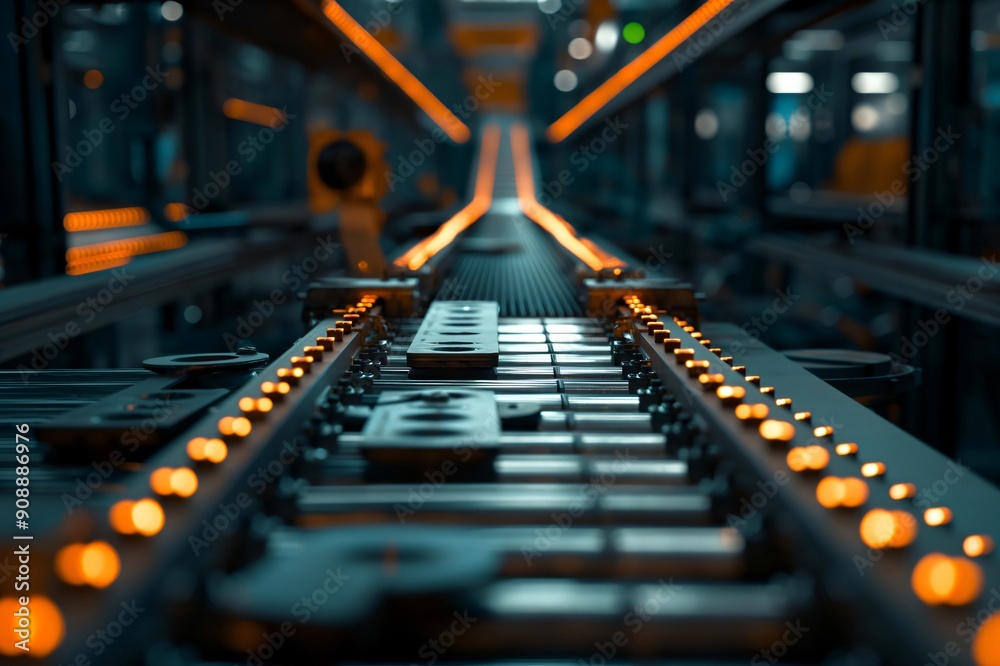 Modern automated production line conveyor system is transporting components in a factory, showcasing advanced manufacturing technology Modern automated production line conveyor system is transporting components in a factory, showcasing advanced manufacturing technology