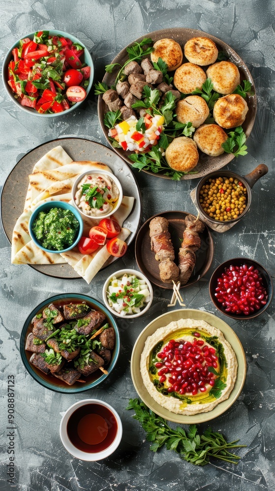 A vibrant display of grilled meats, colorful salads, and traditional dips ready for sharing A vibrant display of grilled meats, colorful salads, and traditional dips ready for sharing