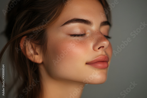 A close up of a girl's face with her eyes closed