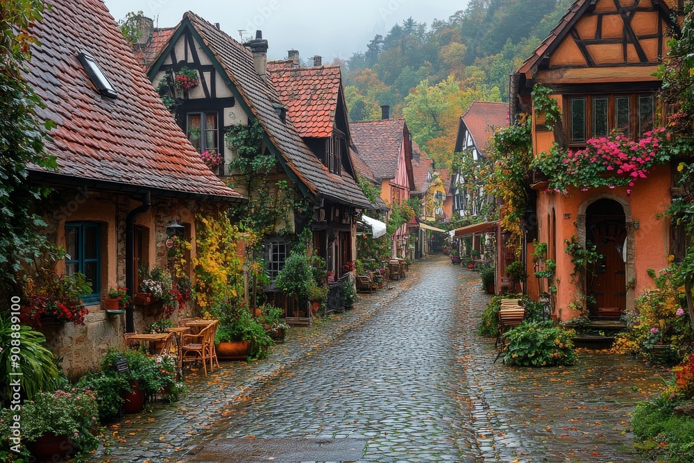 A picturesque European tourist location, featuring charming cobblestone streets, historic buildings, and bustling cafes. Abstract image. Generative A A picturesque European tourist location, featuring charming cobblestone streets, historic buildings, and bustling cafes. Abstract image. Generative A
