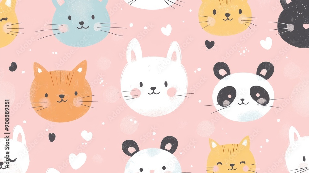 Cute Animal Faces on a Pink Background with Hearts and Dots Cute Animal Faces on a Pink Background with Hearts and Dots