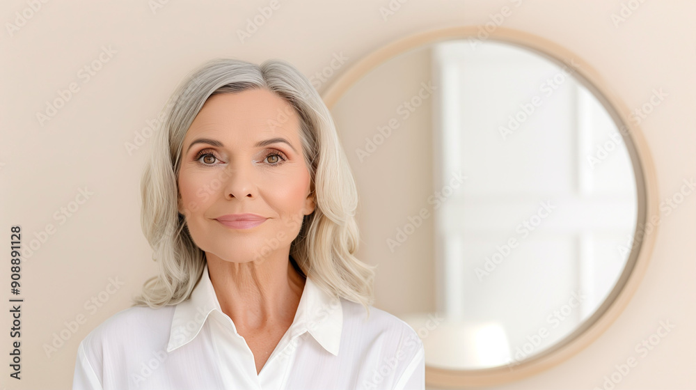 Calm Portrait of a Woman with Grey Hair. Beautiful Woman Posing in Front of a Mirror Capturing Elegance and Serenity in Her Expression Calm Portrait of a Woman with Grey Hair. Beautiful Woman Posing in Front of a Mirror Capturing Elegance and Serenity in Her Expression