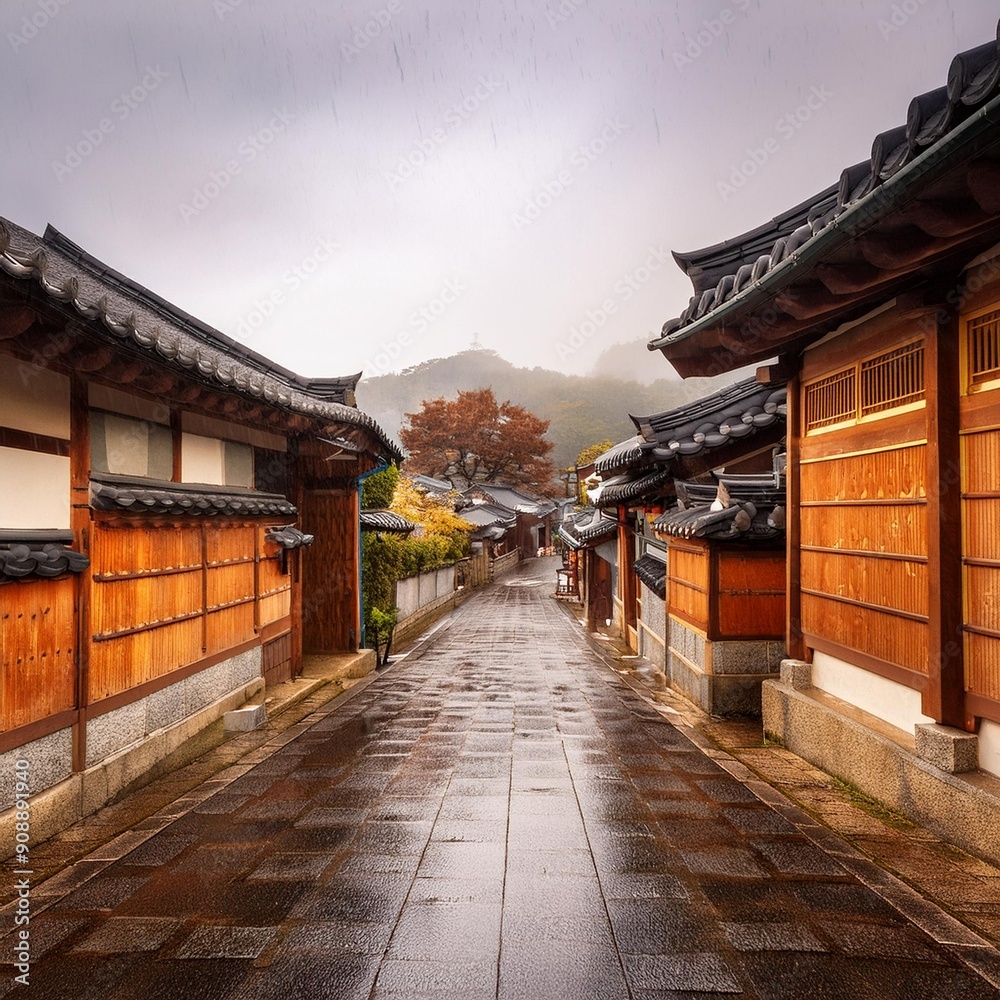 Obraz premium rainy streets in korea, 비오는날 한국의 거리