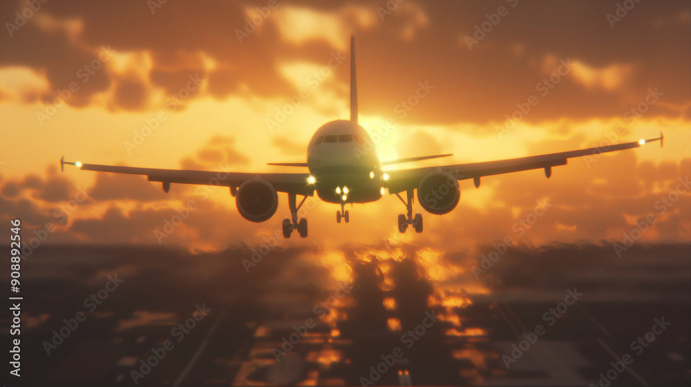 Airplane Landing at Sunset with Dramatic Sky. Captivating Scene of Airplane in Flight Illuminated by Golden Rays of Sunlight. Stunning View of Aircraft Approaching Runway Airplane Landing at Sunset with Dramatic Sky. Captivating Scene of Airplane in Flight Illuminated by Golden Rays of Sunlight. Stunning View of Aircraft Approaching Runway