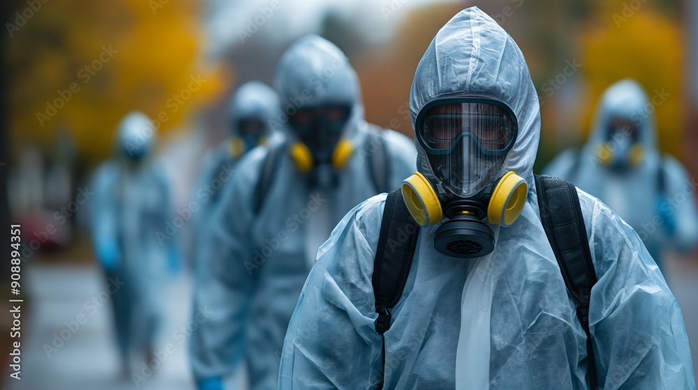 Team in hazmat suits, respirators, and protective gear walking outdoors during a contamination or crisis situation. Team in hazmat suits, respirators, and protective gear walking outdoors during a contamination or crisis situation.