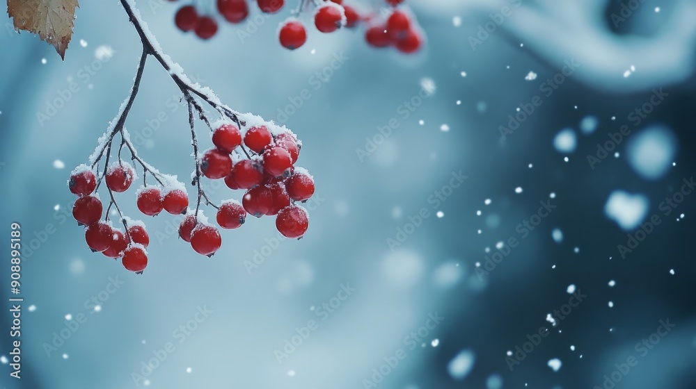 Cinematic low angle shot of rowanberries hanging from a branch with snow falling, captured with natural light Cinematic low angle shot of rowanberries hanging from a branch with snow falling, captured with natural light