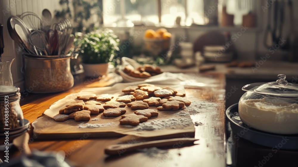 Cinematic wide shot of a kitchen counter filled with gingerbread cookies and baking ingredients, captured with natural light Cinematic wide shot of a kitchen counter filled with gingerbread cookies and baking ingredients, captured with natural light