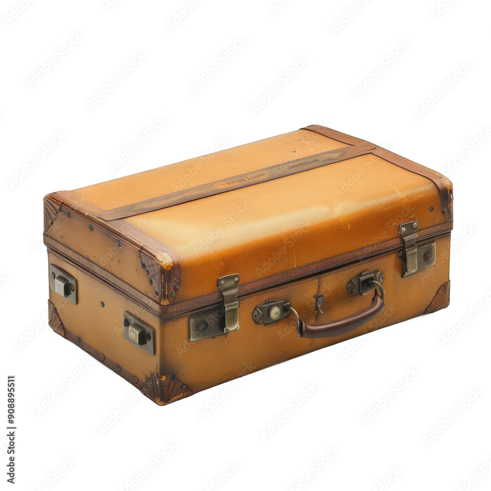 A brown suitcase with a brown handle sits on a white background A brown suitcase with a brown handle sits on a white background