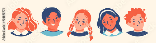 Teen children avatars. Teenagers with different skin colors, ethnicities and hairstyles. flat vector illustration isolated on white. Happy faces of boys and girls emphasizing diversity