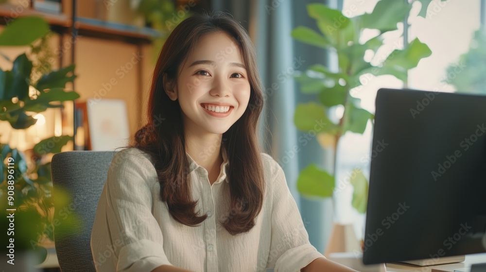 Smiling Woman Working at Home Office Desk