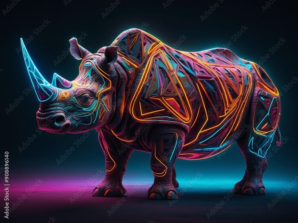 Fototapeta premium Abstract neon light Rhino wallpaper, glowing space background