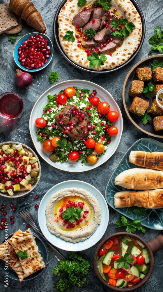 A vibrant assortment of Middle Eastern dishes arranged beautifully with fresh herbs and pomegranate A vibrant assortment of Middle Eastern dishes arranged beautifully with fresh herbs and pomegranate