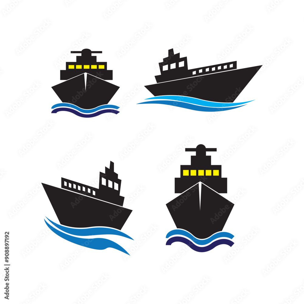 Obraz premium Ship Logo, Ocean Transport Vector, And Cruise Ship, Cargo, Logistics, Sailing School, Speedboat