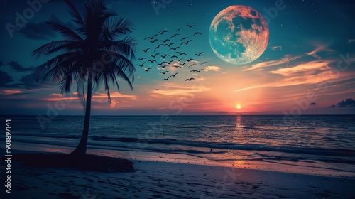 Fototapeta Naklejka Na Ścianę i Meble -  Palm trees silhouette on tropical beach at night and full moon with birds flying in sunset sky. Abstract background. Nature environment.