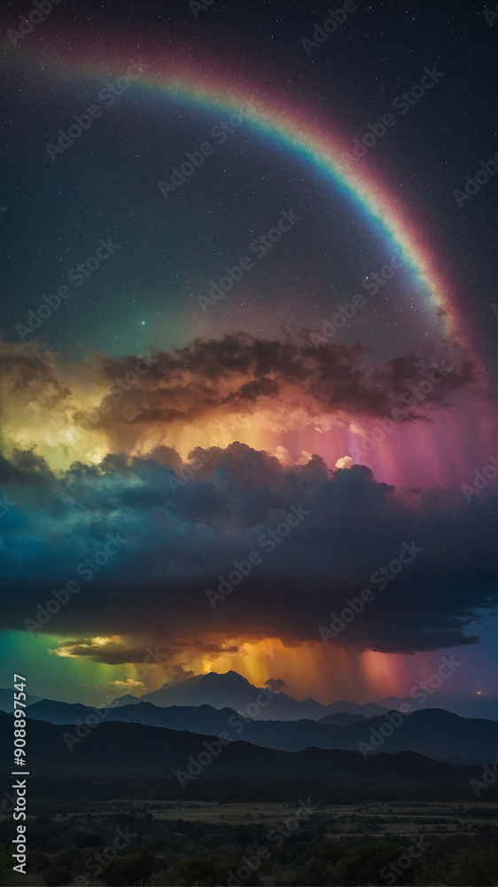 A vibrant rainbow arches across a night sky filled with stars, creating a truly magical and otherworldly scene A vibrant rainbow arches across a night sky filled with stars, creating a truly magical and otherworldly scene