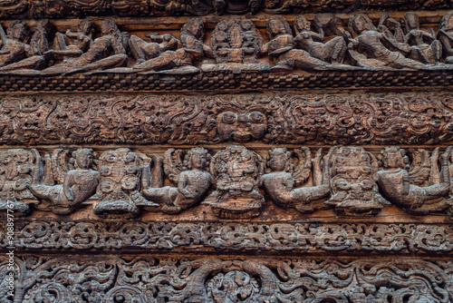 Century-old carved wooden sculpture at Chaurasi Temple in Bharmour, Chamba, Himachal Pradesh, part of the Manimahesh Kailash pilgrimage.