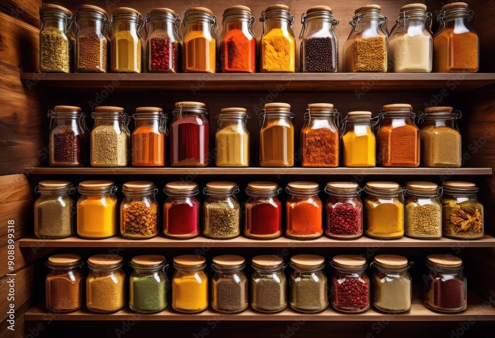 colorful vibrant seasonings displayed clear glass containers natural wooden scoops rustic kitchen aesthetic, spice, herbs, aroma, cooking, flavor, culinary colorful vibrant seasonings displayed clear glass containers natural wooden scoops rustic kitchen aesthetic, spice, herbs, aroma, cooking, flavor, culinary