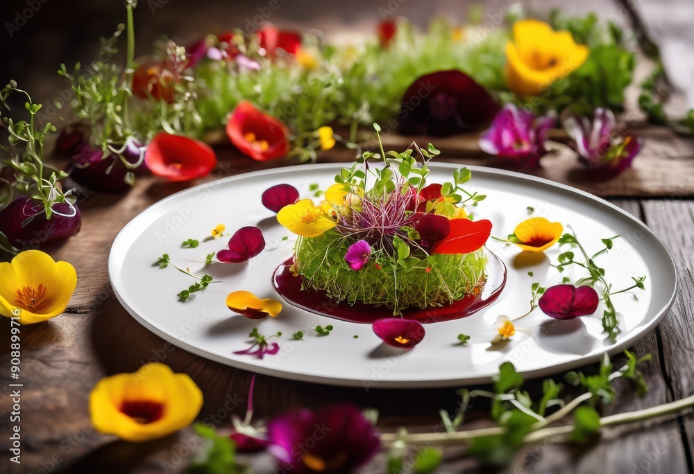 artistic display modern culinary dish featuring vibrant sauces elegant plating techniques, appetizer, ambiance, chef, colorful, creativity, cuisine, decor