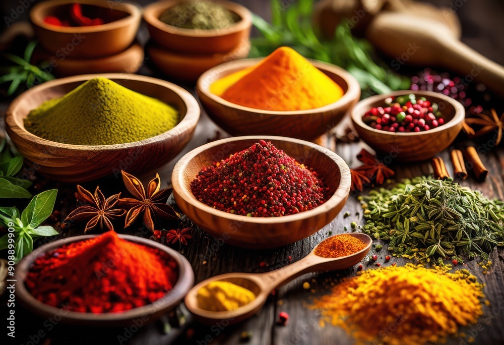 colorful display vibrant spices artfully scattered rustic wooden cutting board capturing essence culinary creativity, herbs, colors, seasoning, flavor colorful display vibrant spices artfully scattered rustic wooden cutting board capturing essence culinary creativity, herbs, colors, seasoning, flavor