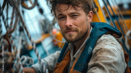 A bearded sailor with a determined look aboard a ship, surrounded by ropes, wearing a lifejacket and weathered clothing.