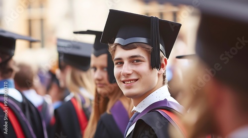 Young man in a graduation gown and cap smiles proudly as he stands amongst other graduates at a university ceremony. photo