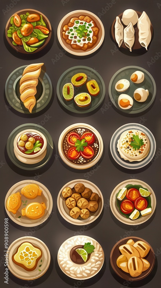 A vibrant assortment of dishes is presented on various plates, highlighting culinary diversity and creativity A vibrant assortment of dishes is presented on various plates, highlighting culinary diversity and creativity