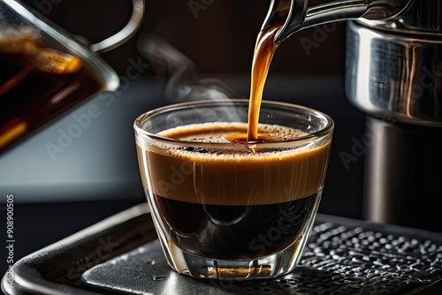 a perfectly brewed espresso shot being poured into a small cupa perfectly brewed espresso shot being poured into a small cup photo