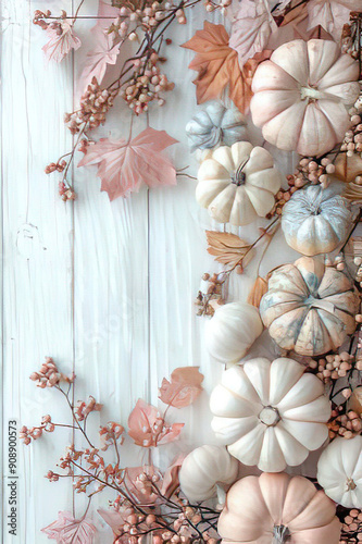 soft pink and white colored pumpkins on white wooden ground. space for text, leaves, fall background, inviatation, template photo