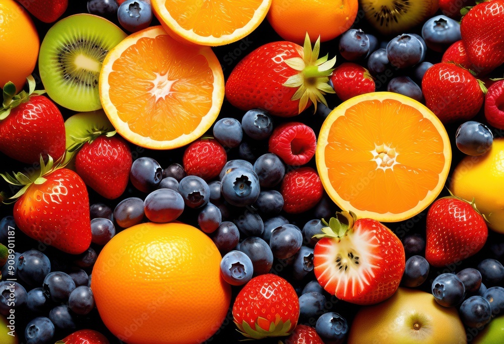 colorful arrangement vibrant fruits eye catching design showcasing freshness variety, apples, bananas, oranges, berries, grapes, melons, kiwi, pineapple
