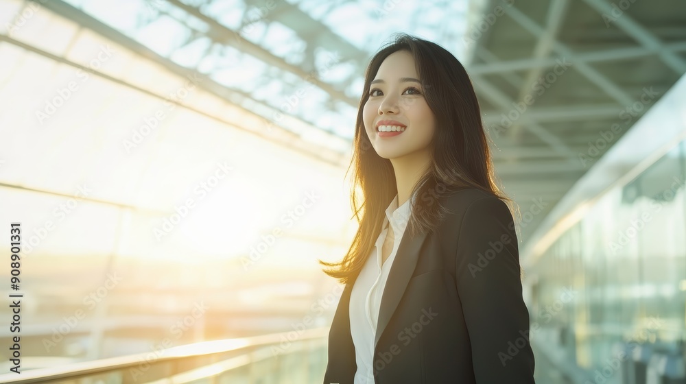 Young professional woman smiling confidently in a modern office building with bright sunlight and glass architecture. Young professional woman smiling confidently in a modern office building with bright sunlight and glass architecture.