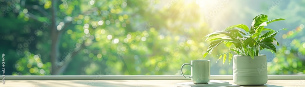 Fototapeta premium Sunny Window with Plant and Coffee