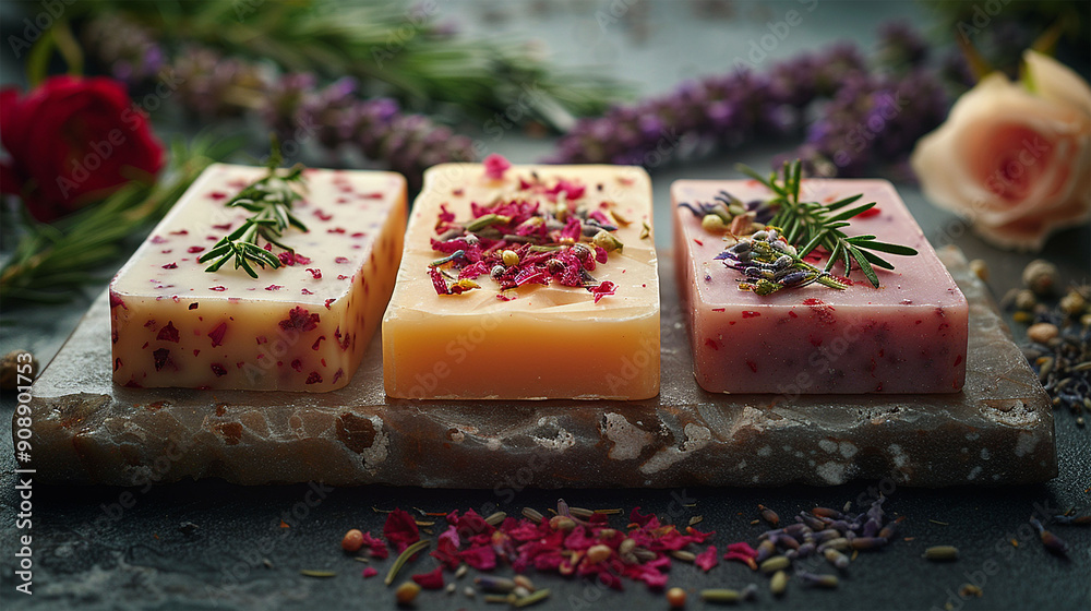 handmade soaps natural with rose petals and lavender and rosemary. handmade soaps natural with rose petals and lavender and rosemary.