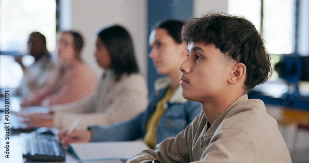 High school, education and class of students learning curriculum for exam, assignment or project. Listening, academy and group of teenagers in tutoring session to boost grades, gpa or pass for test. High school, education and class of students learning curriculum for exam, assignment or project. Listening, academy and group of teenagers in tutoring session to boost grades, gpa or pass for test.